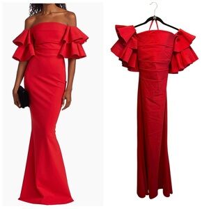 CHIARA BONI La Petite Robe Pavarti Off Shoulder Gown Passion Red Size 14 NWT